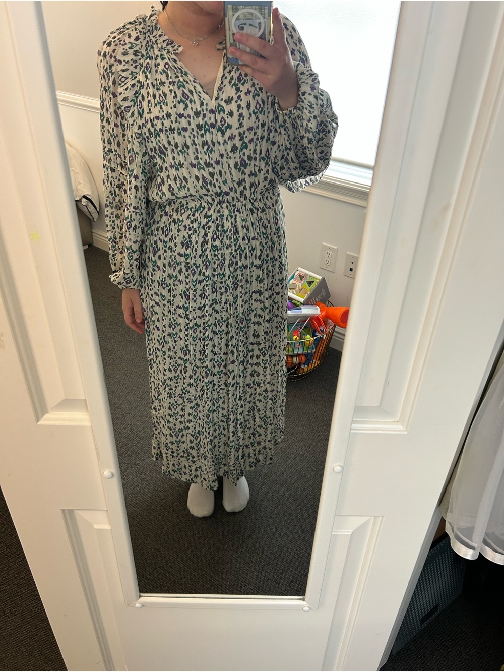 Sheer Cream Midi Dress with Green Floral Print and Smocked Waist